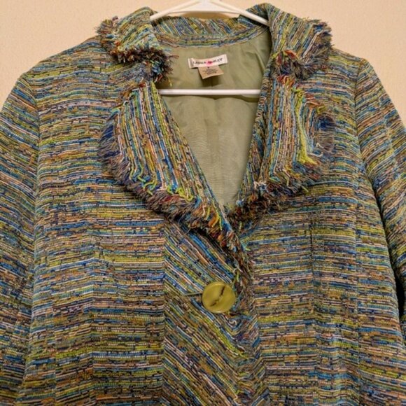 Laura Ashley Multicolored Striped Fringed Tweed Jacket With Single Button - Picture 4 of 12